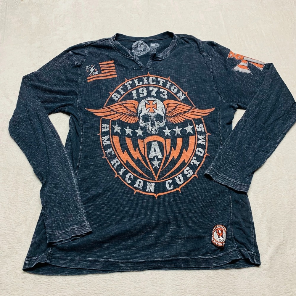 Affliction American Customs‎ Motor Club Long Sleeve Shirt Y2K Men's XL Skull